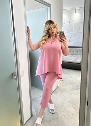 Стильный летний костюм повседневный однотонный женский туника и штаны укороченные 48-66 пудра розовая