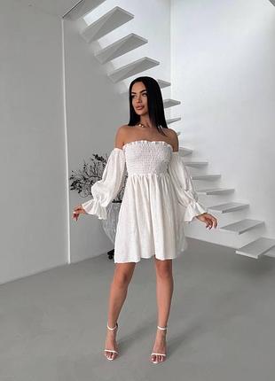 Жіноча літня молочна сукня муслін прошва бавовна з довгим рукавом коротка міні