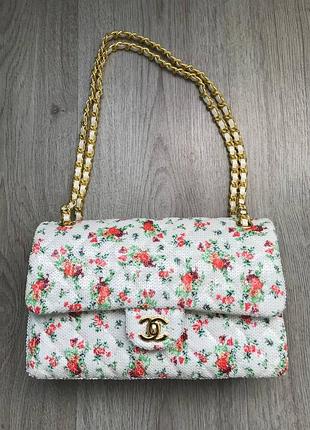 Сумка шанель chanel базова лімітована колекція паєтки квіти біла оригінал номер чіп
