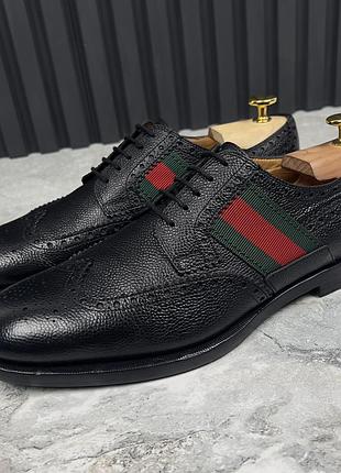 Gucci oxford web wingtip dress derby grain black leather чоловічі туфлі оригінал 41.5 eur