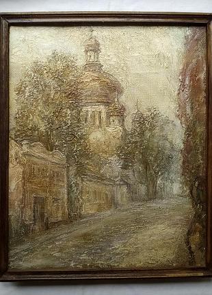Старая картина в раме, церковь, масло, 32х39см.