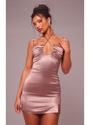 Коротке плаття сукня атласне коричневе на брительках нове prettylittlething 8 s-m