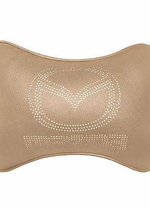 Автомобильная подушка avtolife из экокожи для шеи на подголовник сиденья автомобиля с логотипом mazda бежева (avt-lbe-05)