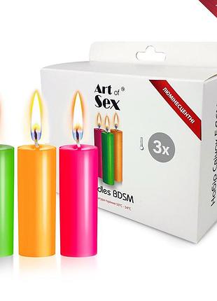 Набір воскової свічки art of sex size s 10 см (3 шт.), низькотемпературні, люмінесцентні. passion&books