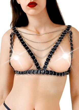 Женская портупея украшенная кольцами art of sex - geneva, цвет черный, натуральная кожа, размер l-2x. passion&books