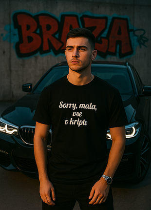 Футболка чорна бавовняна з написом "sorry mala vse v kripte"