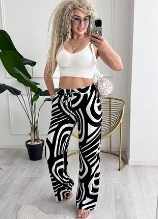 Брюки летние женские палаццо на каждый день весенне-летние креп жатка 42-58 черно-белые