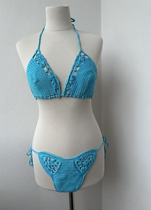 Неймовірний вʼязаний купальник ручної роботи бікіні в кольорі морської хвилі
