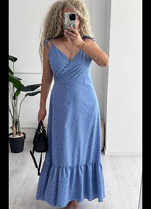 Сарафан на запах женский летний макси в горох без рукавов для беременных а силуэта голубой