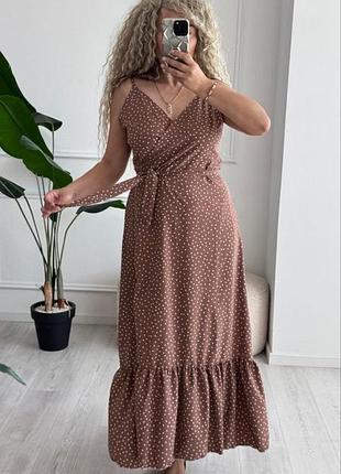 Сарафан на запах женский летний макси в горох без рукавов для беременных а силуэта коричневый