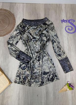 Женское платье aron с длинным рукавом чёрно серое с принтом размер s (44)