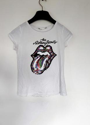 Футболка rolling stones белая с языком пайетки роунс h&amp;m с райетками переверыш женская девчачья для девочки the rolling stones прикольная прикол