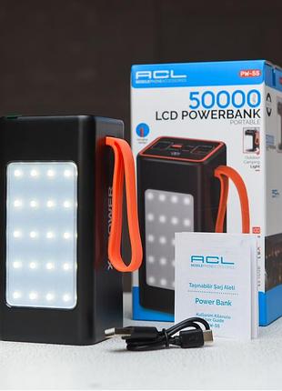 Power bank 50000 з ліхтариком і кабелям чорний павербанк з дисплеєм та розʼємами usb, type-c, micro usb