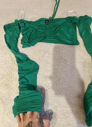 Кроп топ з віскози бандо з рукавами драпіровкою на зав’язках відкриті плечі shein