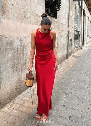 Червона довга сукня zara, сатин