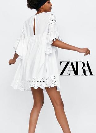 Zara белое пляжное короткое платье из выбитого хлопка