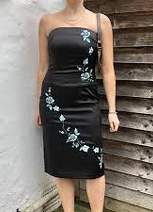 Плаття в японському стилі атласне сатинове під шовк чорне з вишивкою квітів під ципао