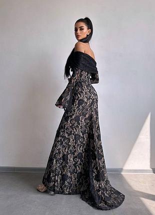 ❗ексклюзив❗праздничное кружевное платье макси с открытыми плечами и длинным рукавом клеш на подкладке