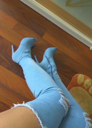 Літні джинсові чоботи-ботфорти3 фото