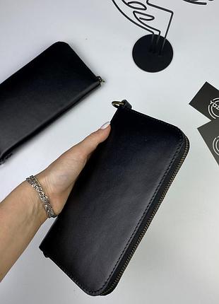 Чоловічий гаманець на блискавці шкіряний, місткий гаманець з відділеннями, чорний