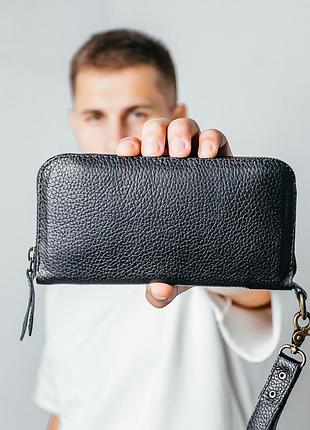 Мужской кошелек кожаный, вместительный бумажник с отделениями на молнии, crazy horse, черный