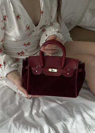 Сумка женская в стиле hermes в замше хермес small бордовый через плечо