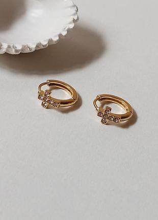 Небольшие круглые серьги конго крестики, кресты. медзолото, цирконы5 фото