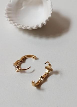 Небольшие круглые серьги конго крестики, кресты. медзолото, цирконы7 фото