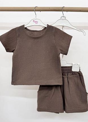 Костюм детский летний из натуральной ткани муслин для девочки, футболка, шорты,