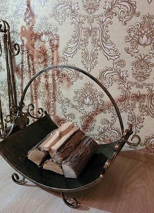 Стильный кованый комплект для камина (дровница+аксессуары) бронза 4