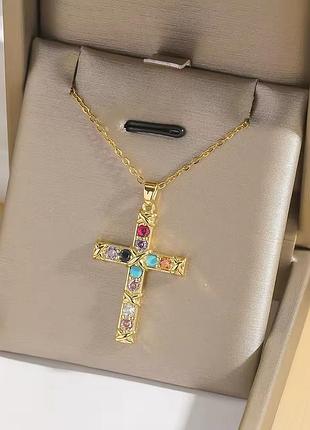 Ланцюжок нержавіюча сталь stainless steel хрестик кольорові камінці