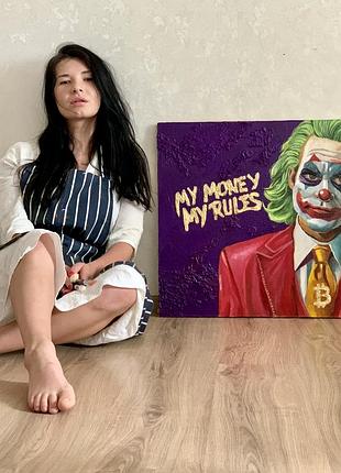 Картина олійна 60×60 joker bitcoin поп-арт сучасне мистецтво інтерʼєрдекор авторська ручна2 фото