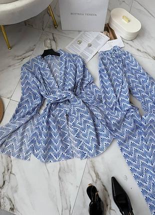 Женский костюм летний брюки брюки брючины широкие палаццо + и кимоно свободного кроя с разрезами батистовый синий