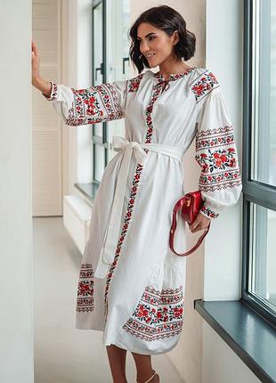 Колоритна сукня міді з вишивкою та поясом, українська сукня вишиванка, етно плаття міді