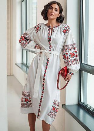 Колоритна сукня міді з вишивкою та поясом, українська сукня вишиванка, етно плаття міді