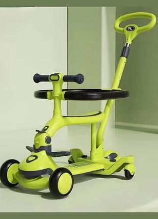 Дитячий самокат-трансформер maraton 3в1 junior з батьківською ручкою, сидінням та бампером, салатовий