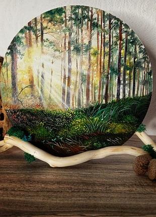 Картина масляными красками "лесное утро" 18см. на двп, на деревянной подставке.