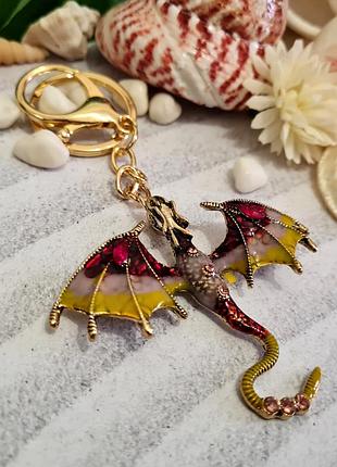 🔺🐉яркий брелок дракон для ключей, на сумочку, косметичку кристаллы, разноцветная эмаль