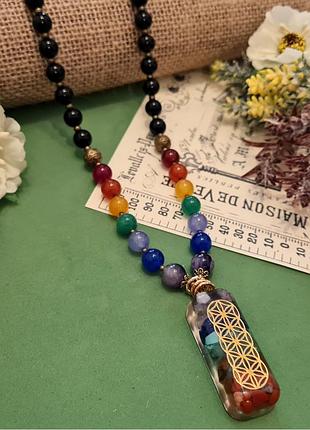 🔺🛕🪬эксклюзивное колье амулет "7 чакр" из натурального камня черный оникс и кварц