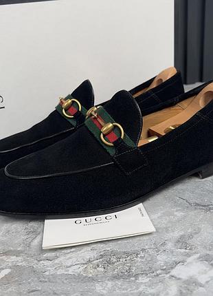 Gucci jordaan brixton horsebit web loafers black suede чоловічі туфлі лофери оригінал 44 eur
