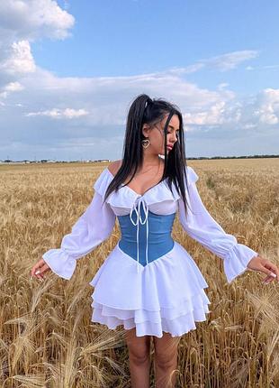 Жіноча сукня плаття літнє ніжна повітряна легка біла рожева з корсетом синім джинсовим якісна пишна