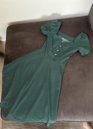 Платье изумрудное в белый горошек