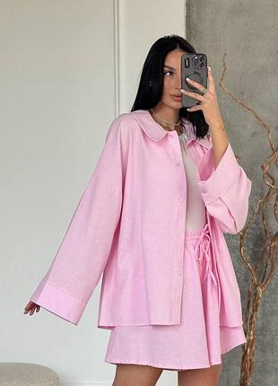 Яркий льняной костюм оверсайз шорты + рубашка, женский леный костюм с рубашкой и шортами, свободный костюм, 623