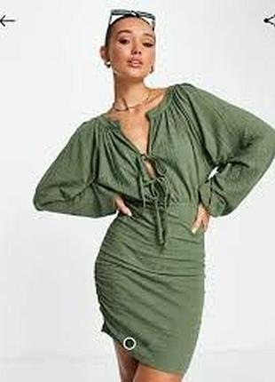 Новое мини платье хаки с широкими рукавами на завязках от asos