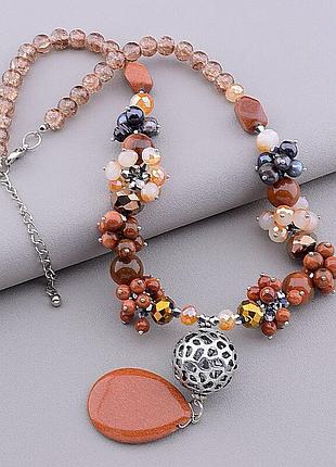 022990 бусы золотой песок, жемчуг, чешский хрусталь 52 см.