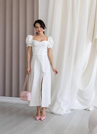 Жіноча сукня молочна довга з розрізом з переду з короткими рукавами з льону л'яна з декольте