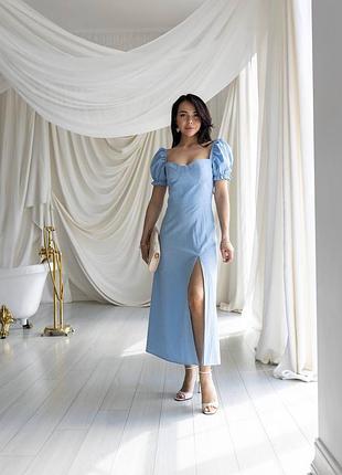 Жіноча сукня блакитна довга з розрізом з переду з короткими рукавами з льону л'яна  з декольте