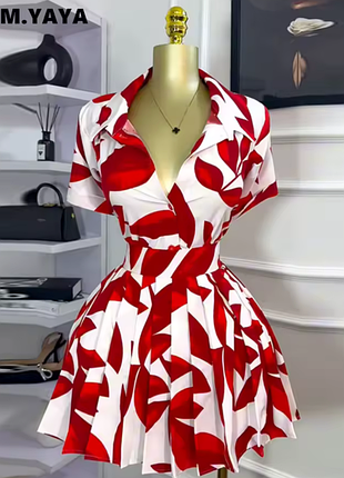 Cm.yaya женский костюм ❤️блузка с коротким рукавом и бантом, рубашка и плиссированные мини-юбки.