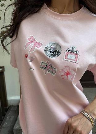 Женская розовая хлопковая футболка с веселым принтом хлопок