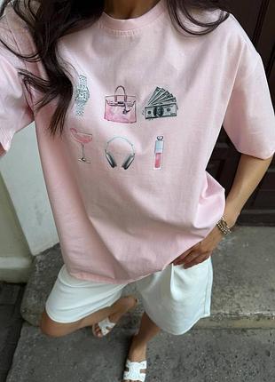 Женская розовая хлопковая футболка с веселым принтом хлопок